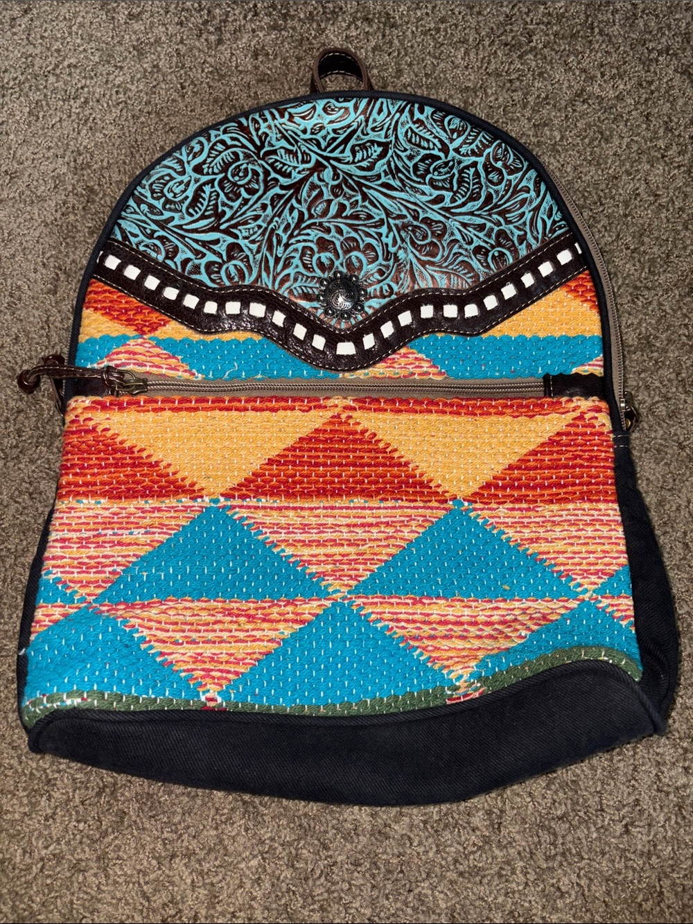Boho Multicolor Patterned Women's Backpack - Turquoise, Orange & Red